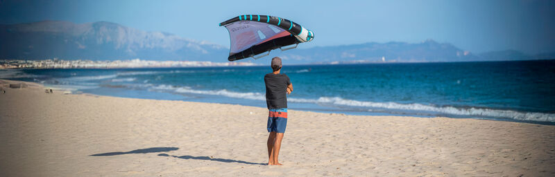 Wingfoil coach Michi Rossmeier on the water in Tarifa, Spain